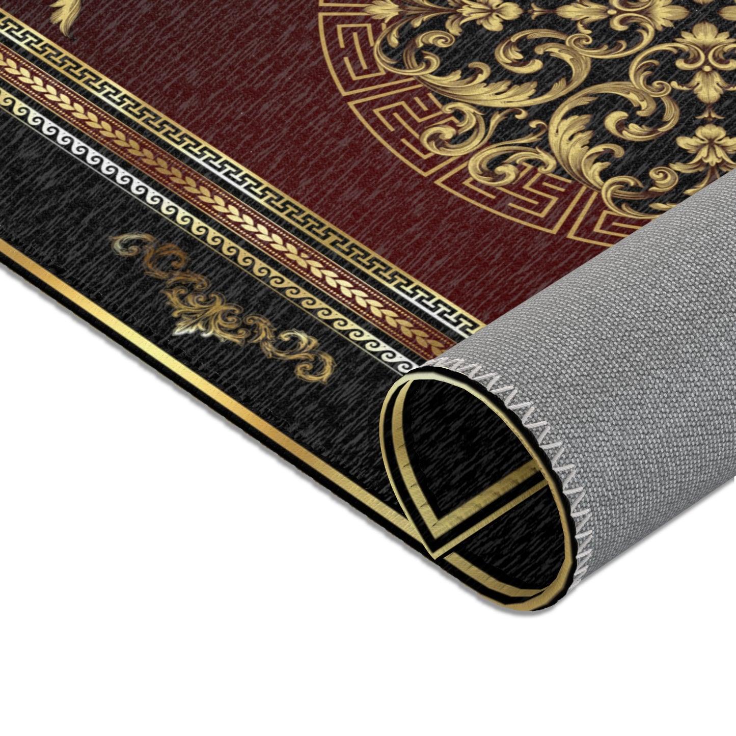Baroque Ornate Black Gold Maroon Greek Key Area Rugs