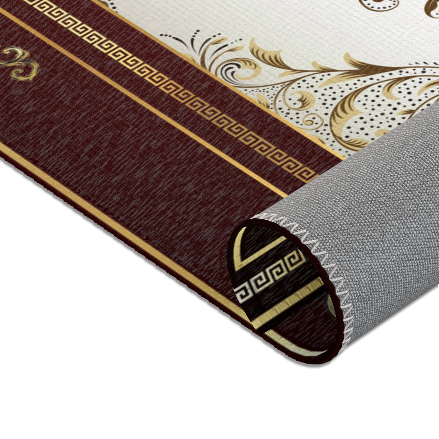 Maroon Khaki Foral Greek Key Area Rugs