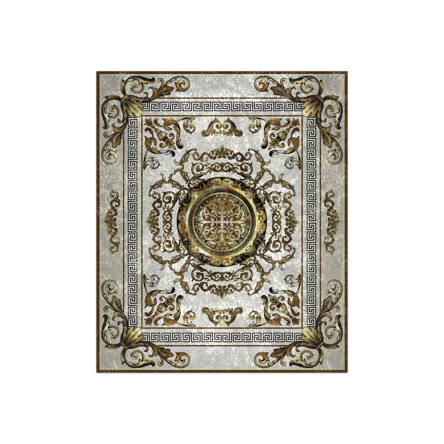 Ornate Greek Key Brown Black Gold Cream Crushed Velvet Blanket