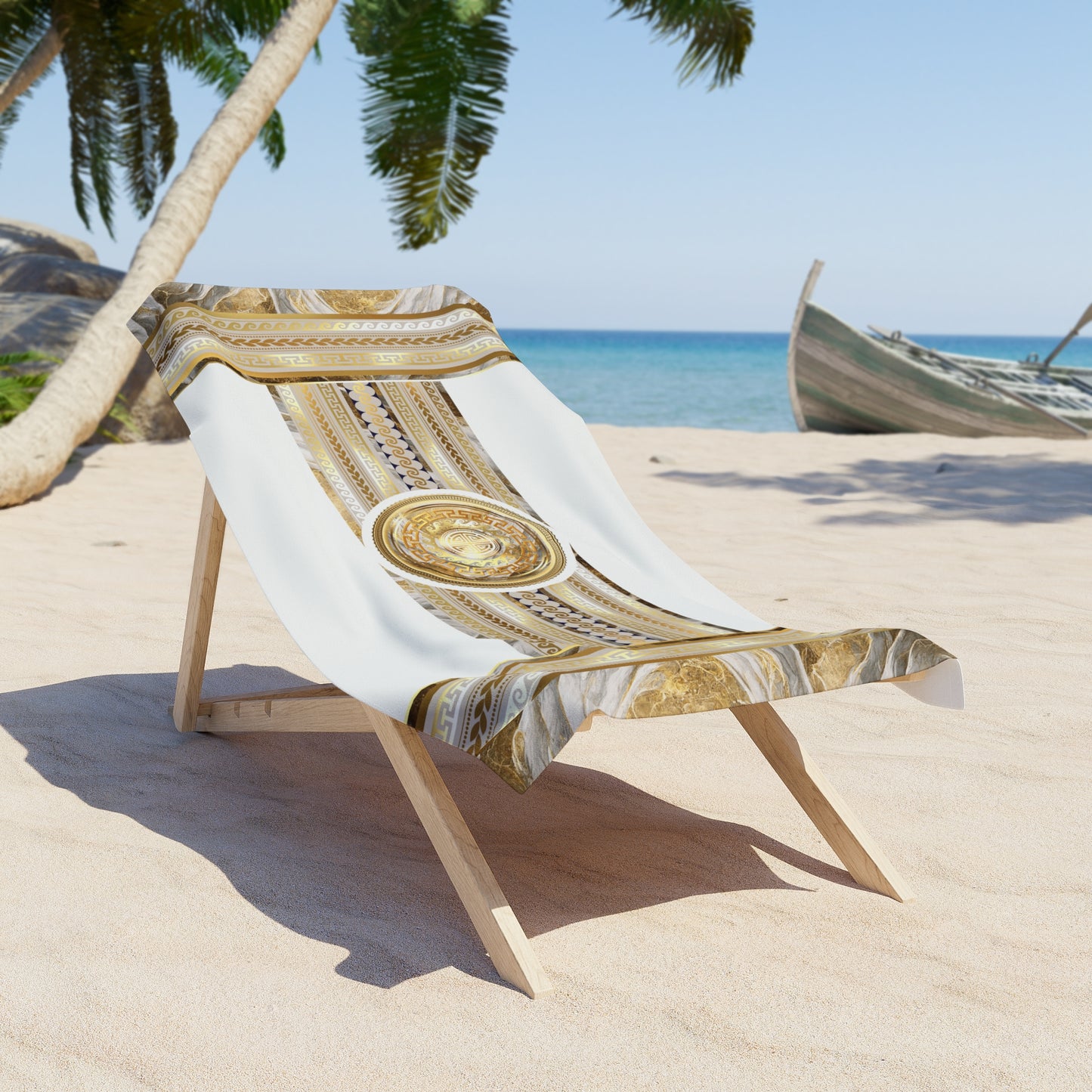 Greek Key White Gold Greek Key Beach Towel
