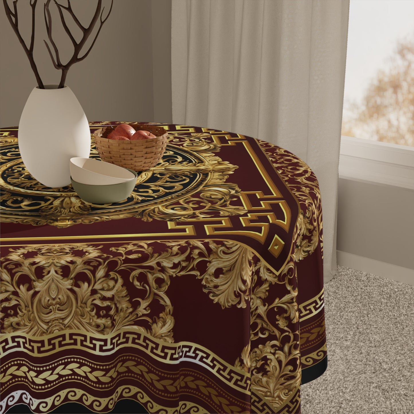Gold Maroon Greek Key Ornate Baroque Tablecloth