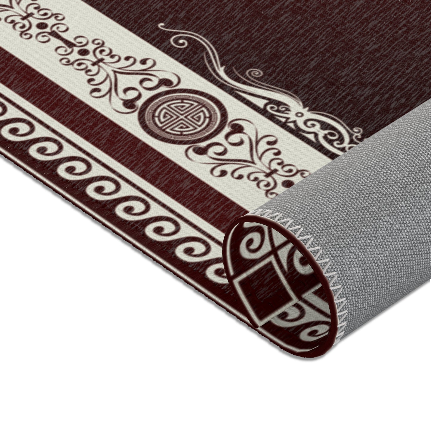 Ornate Greek Keys Maroon Khaki Area Rugs