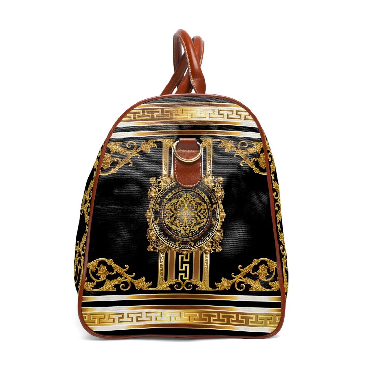 Baroque Ornate Gold Greek Key Black Waterproof Travel Bag