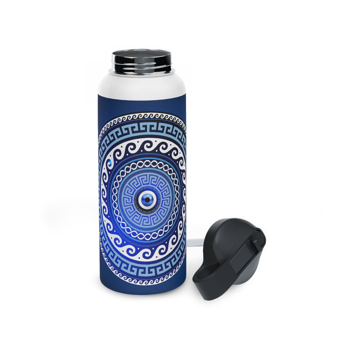 Mati Evil Eye Greek Key Blues Stainless Steel Water Bottle, Standard Lid