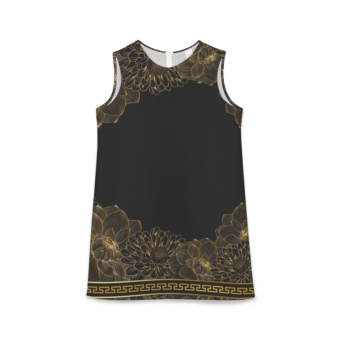 Gold Floral Black Greek Key A-line Sleeveless Dress