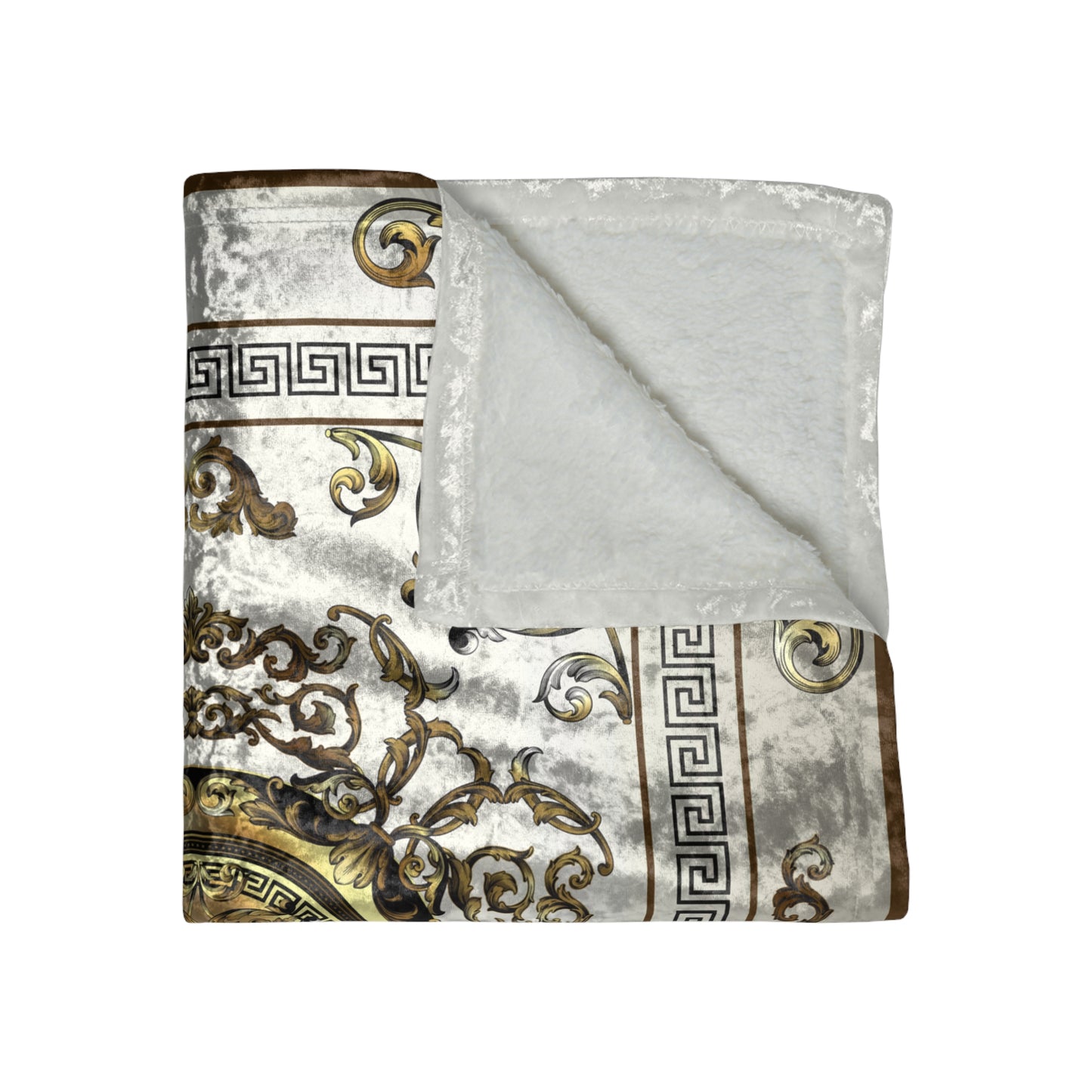 Ornate Greek Key Brown Black Gold Cream Crushed Velvet Blanket