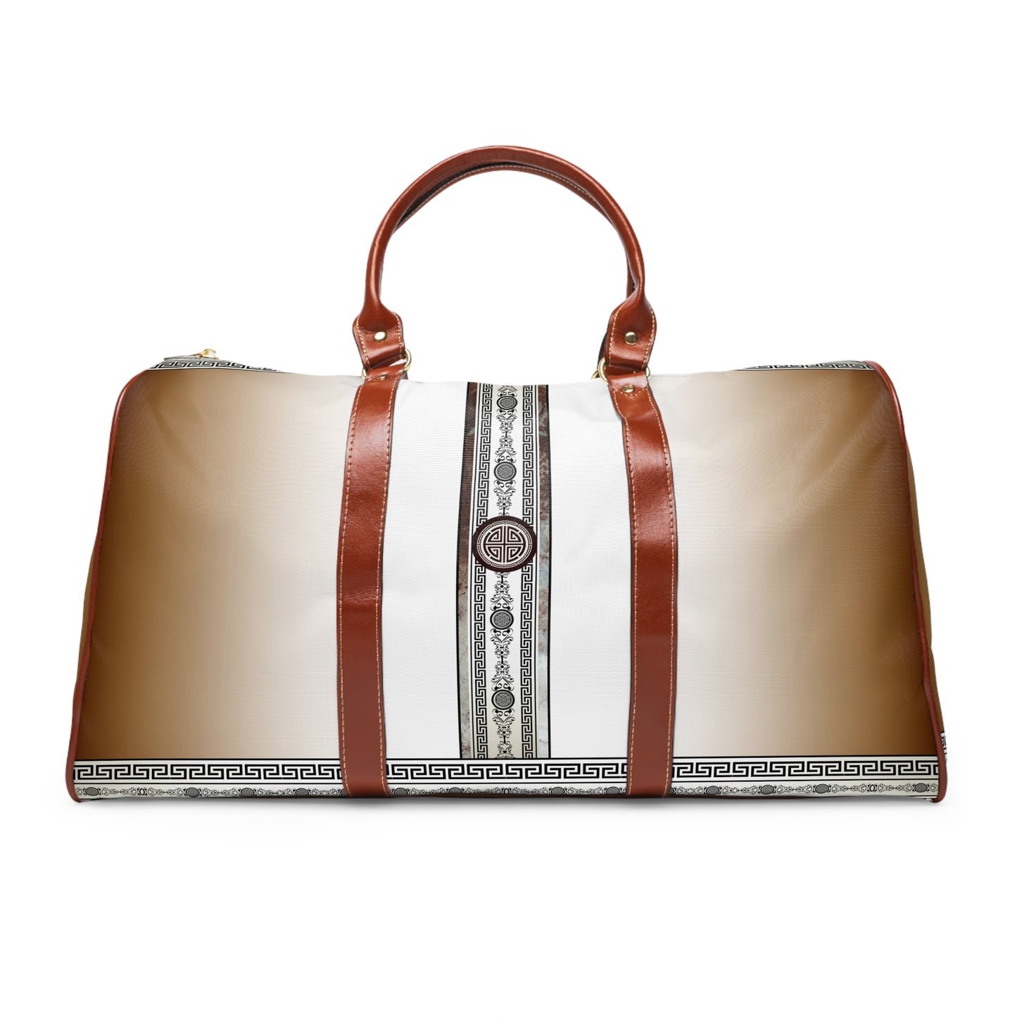 Greek Key Brown Khaki White Waterproof Travel Bag