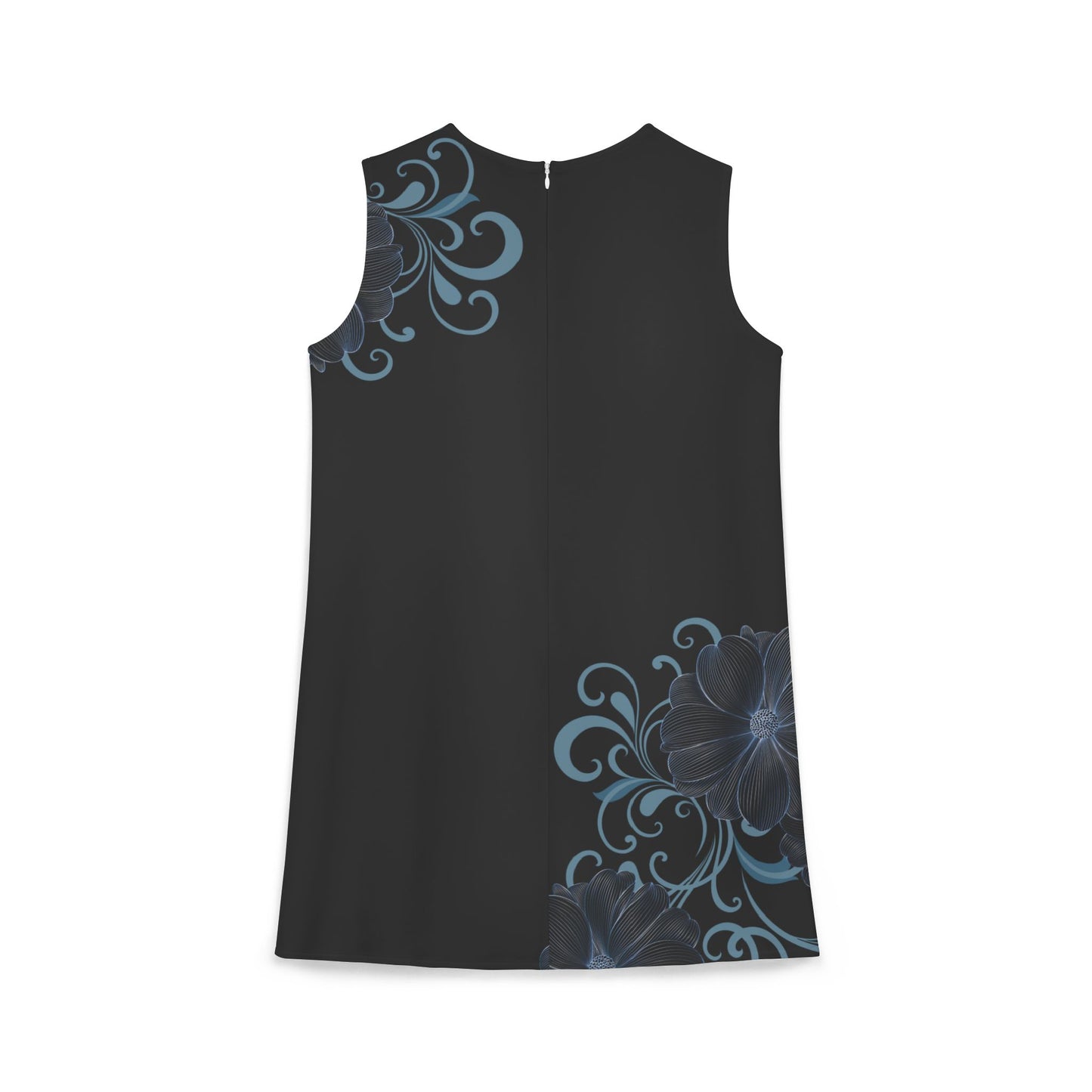 Blue Floral Black A-line Sleeveless Dress