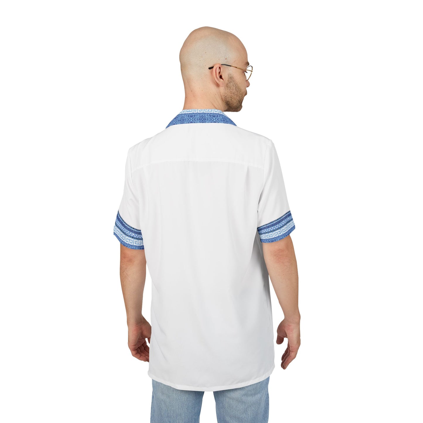 White Blue Greek Key Hawaiian Button-Down Shirt