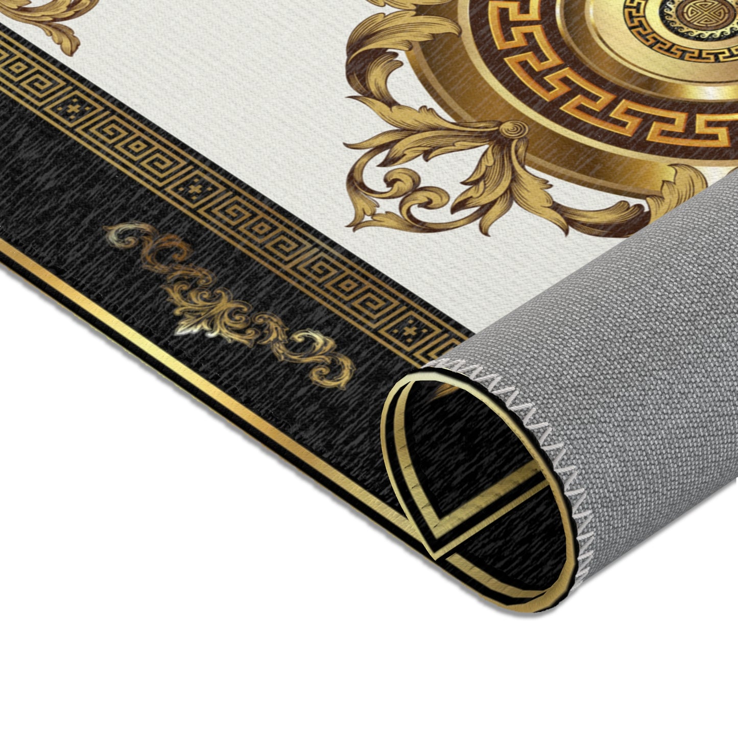 Cream Gold Black Greek Keys Ornate Area Rugs