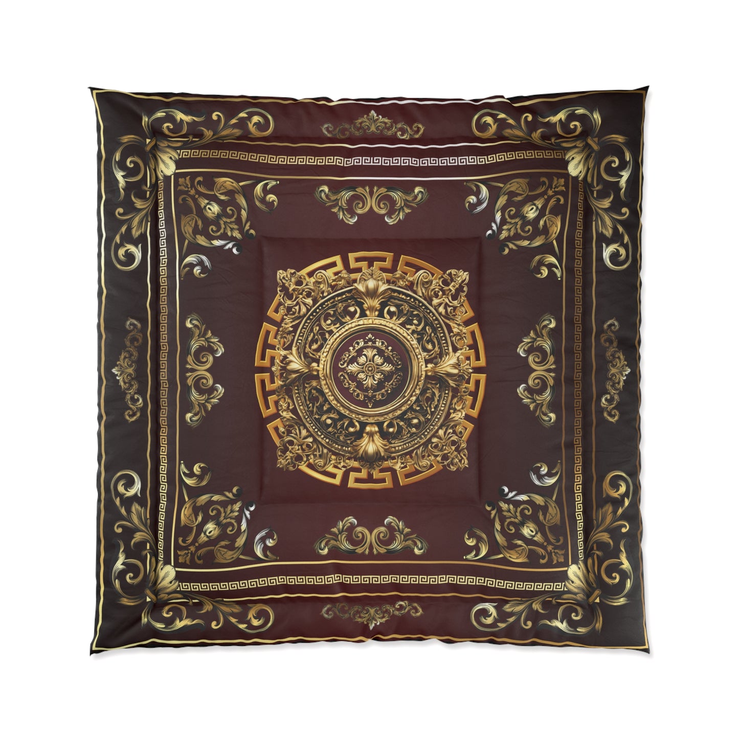 Greek Key Gold Maroon Black Ornate Comforter