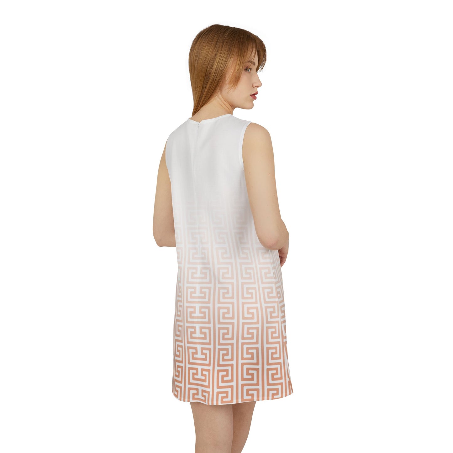 Peach White Greek Key Black A-line Sleeveless Dress