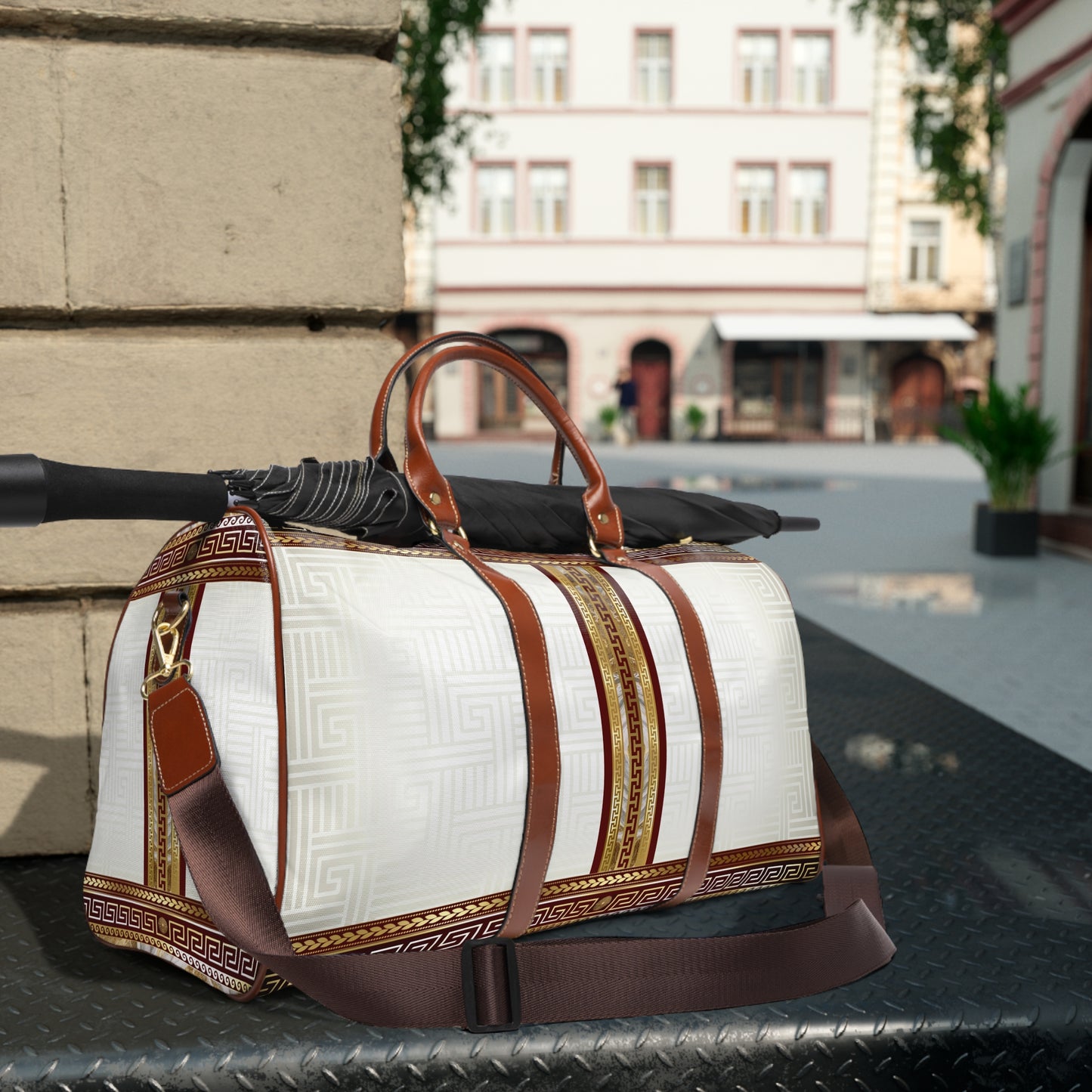 Cream Greek Keys Gold Maroon Waterproof Travel Bag
