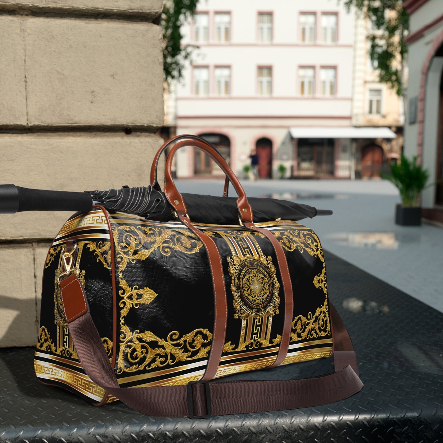 Baroque Ornate Gold Greek Key Black Waterproof Travel Bag