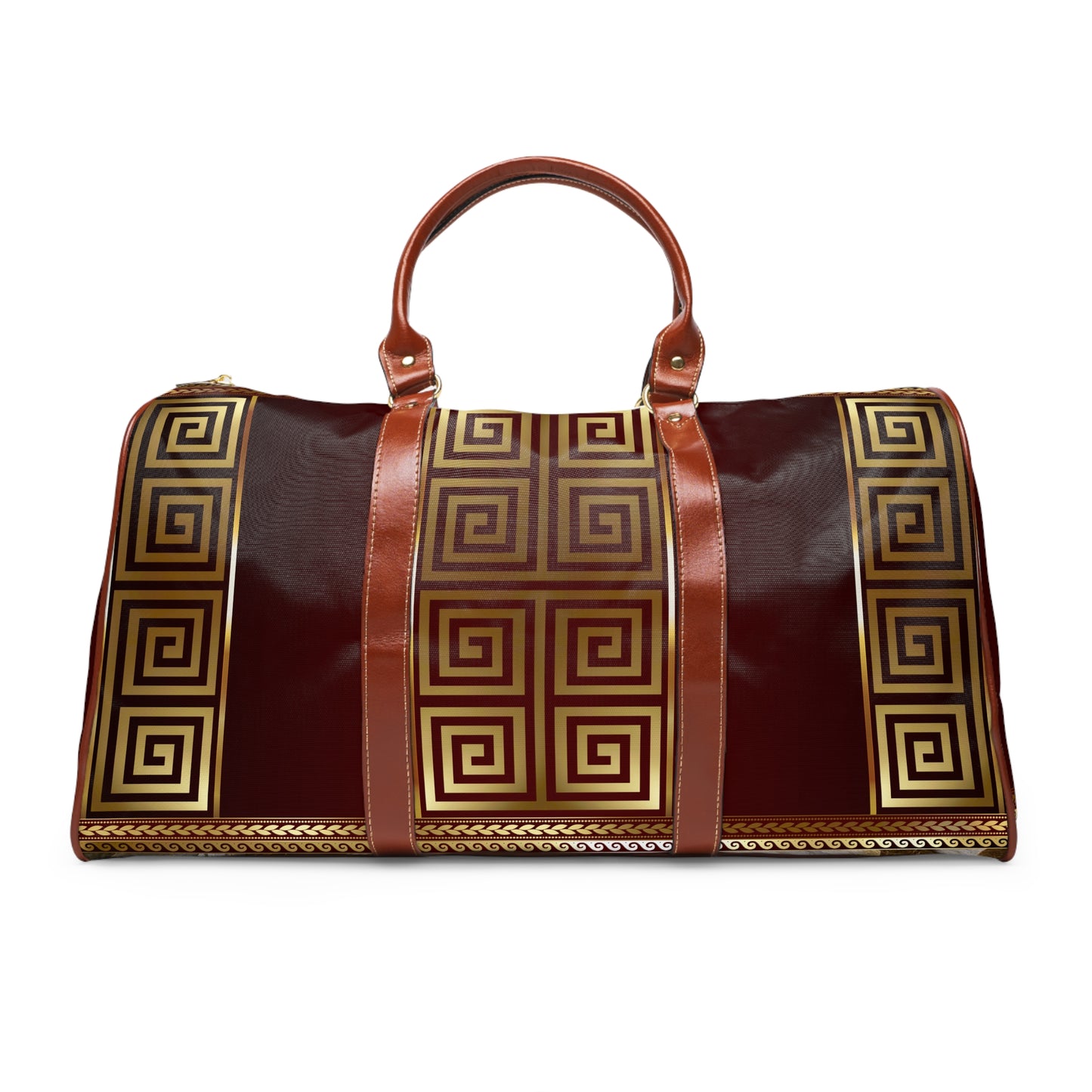 Maroon Gold Black Large Greek Key Waterproof Travel Bag
