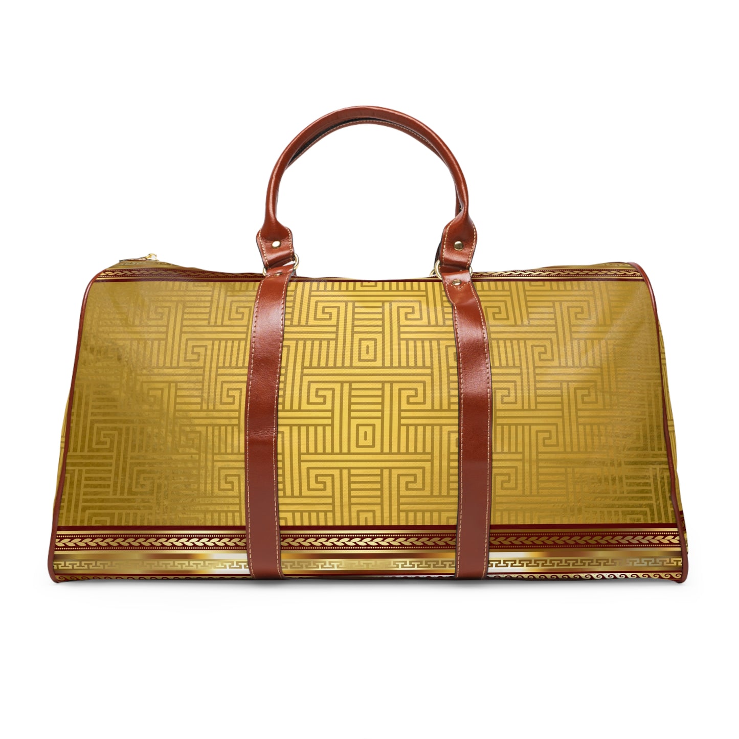 Gold Greek Key Maroon Trim Waterproof Travel Bag