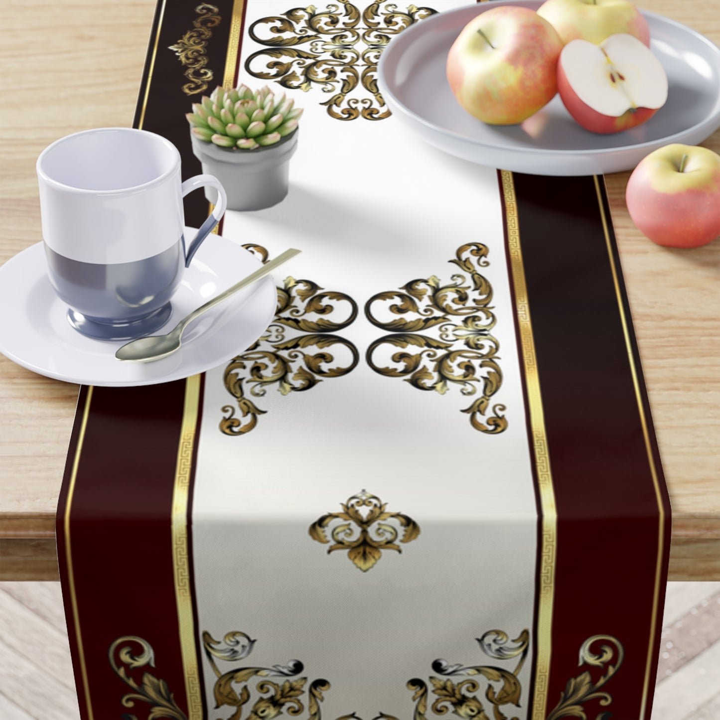 Gold Greek Key Maroon Ornate Baroque Table Runner