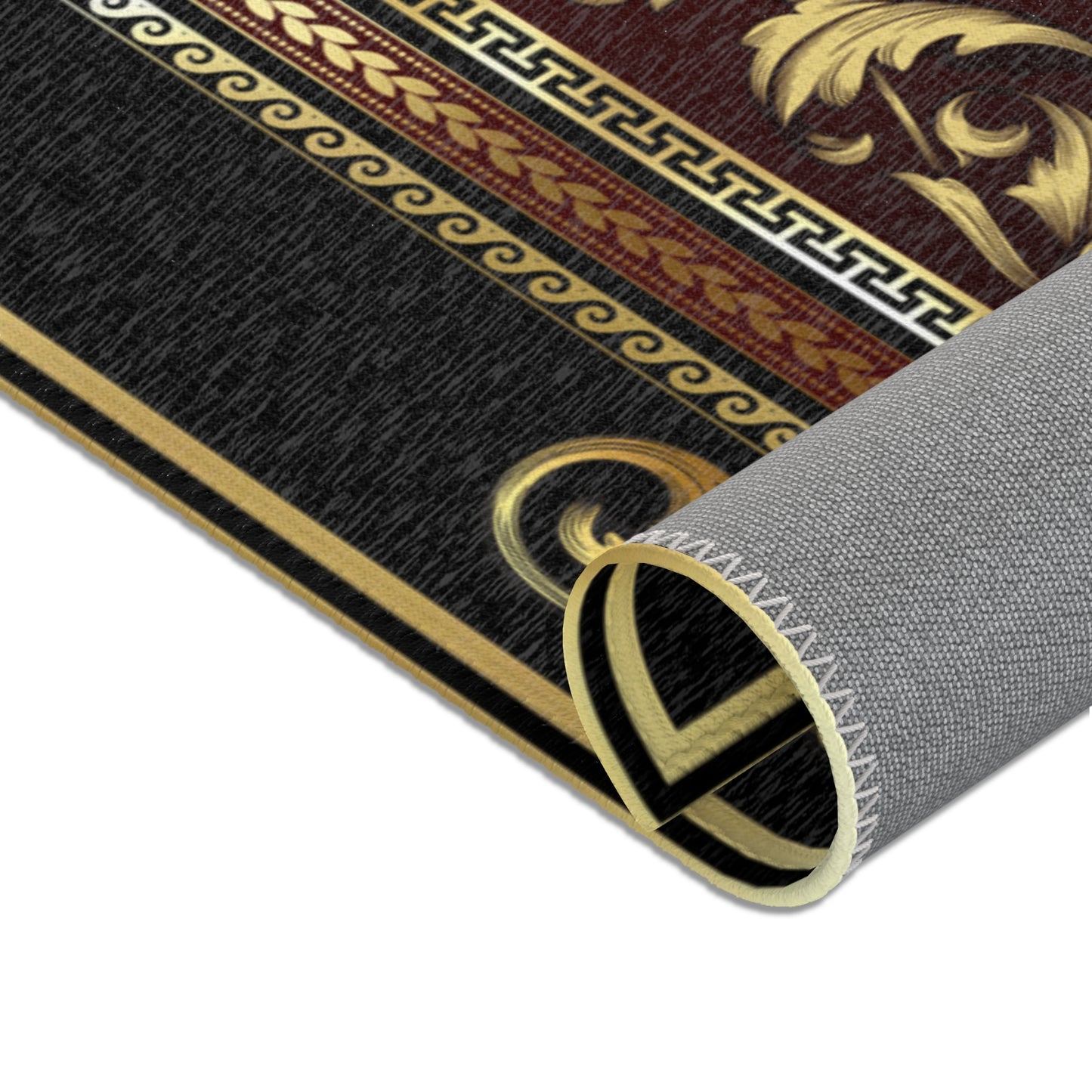 Baroque Ornate Black Gold Maroon Greek Key Area Rugs