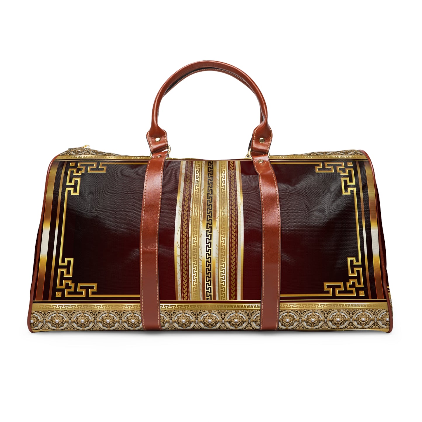 Maroon Gold Cream Large Greek Keys Waterproof Travel Bag