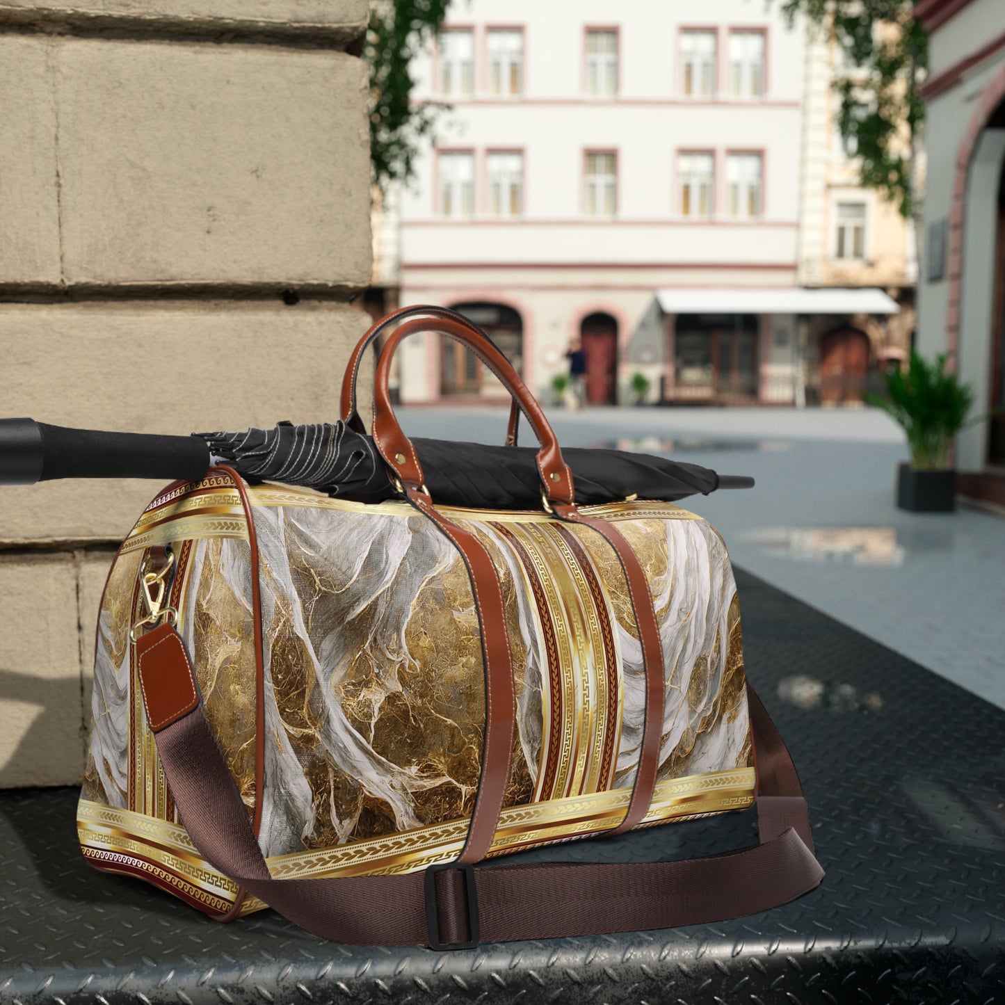 Marbleized Gold White Maroon Greek Keys Waterproof Travel Bag