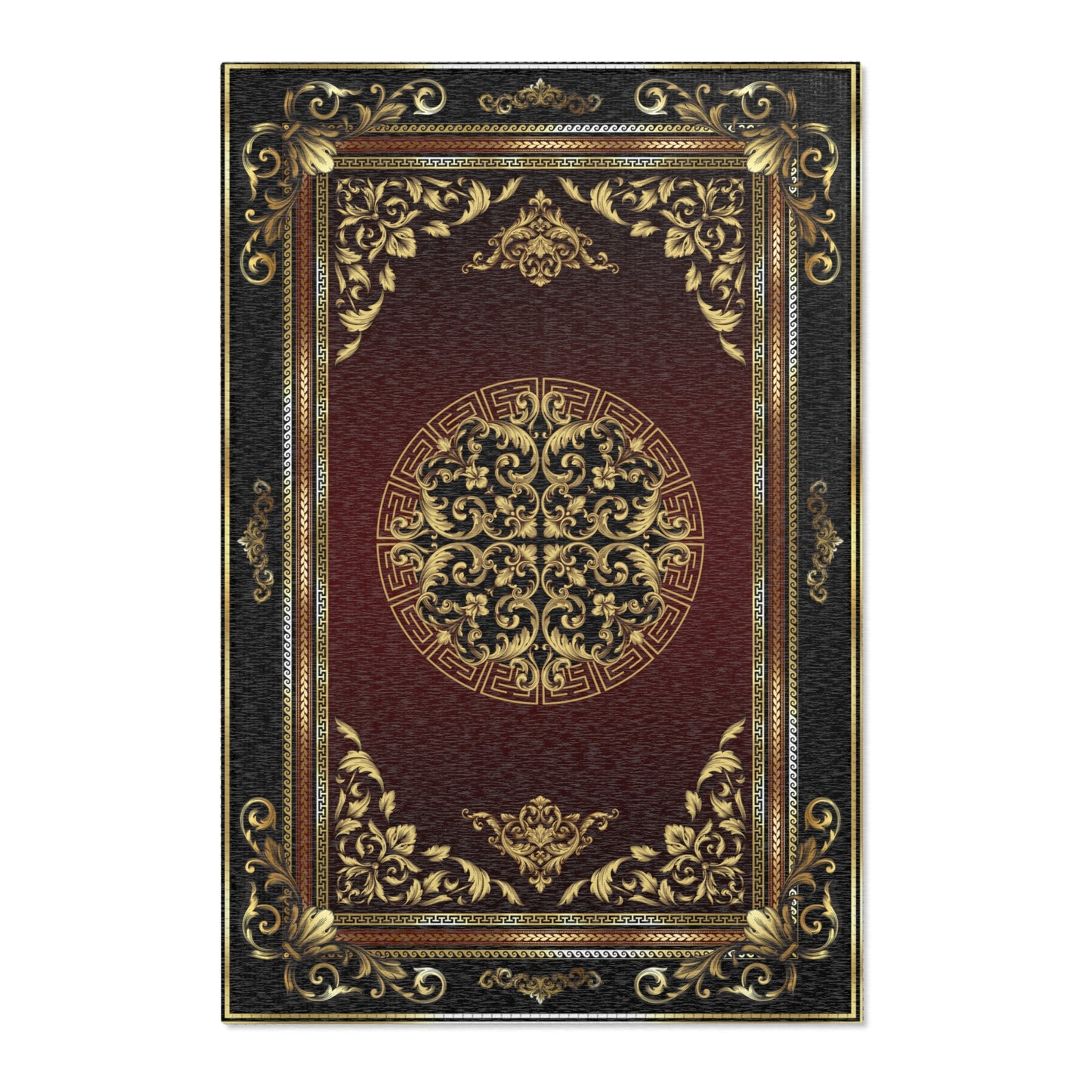 Baroque Ornate Black Gold Maroon Greek Key Area Rugs
