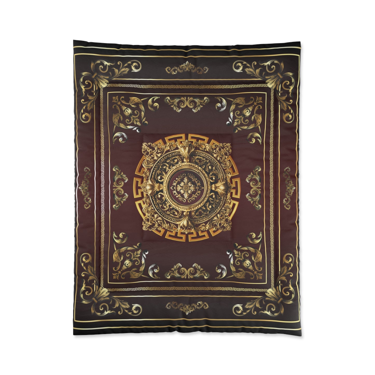 Greek Key Gold Maroon Black Ornate Comforter
