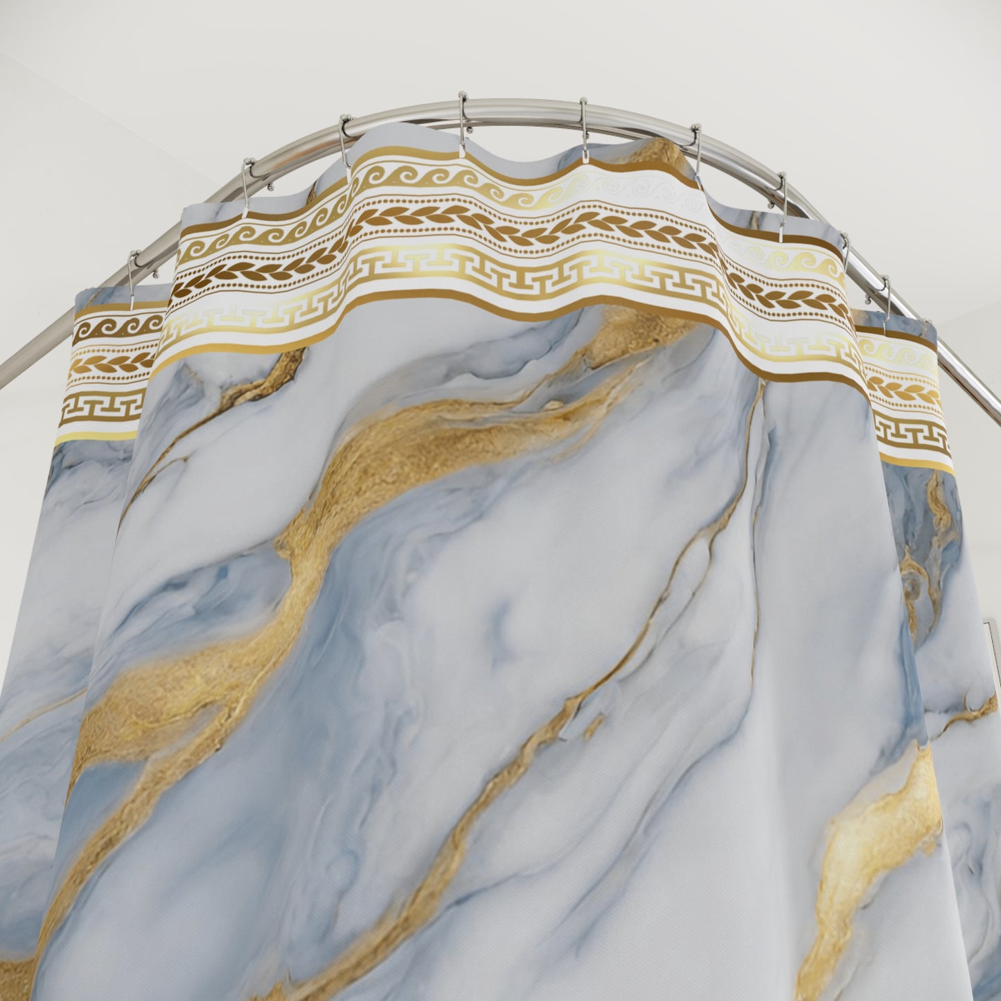 Greek Key Gold Aqua White Swirls Polyester Shower Curtain