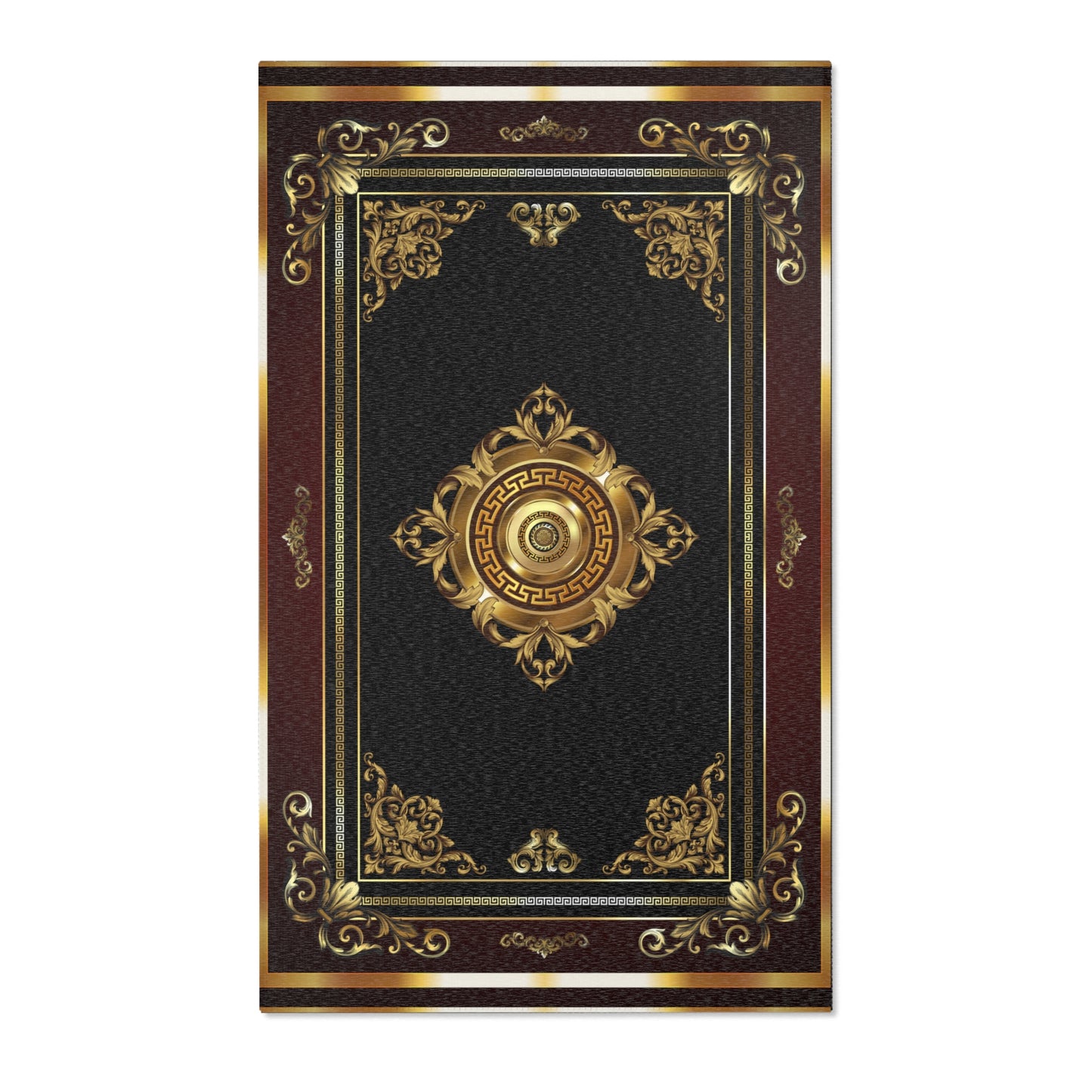 Baroque Gold Black Maroon Greek Key Ornate Area Rugs