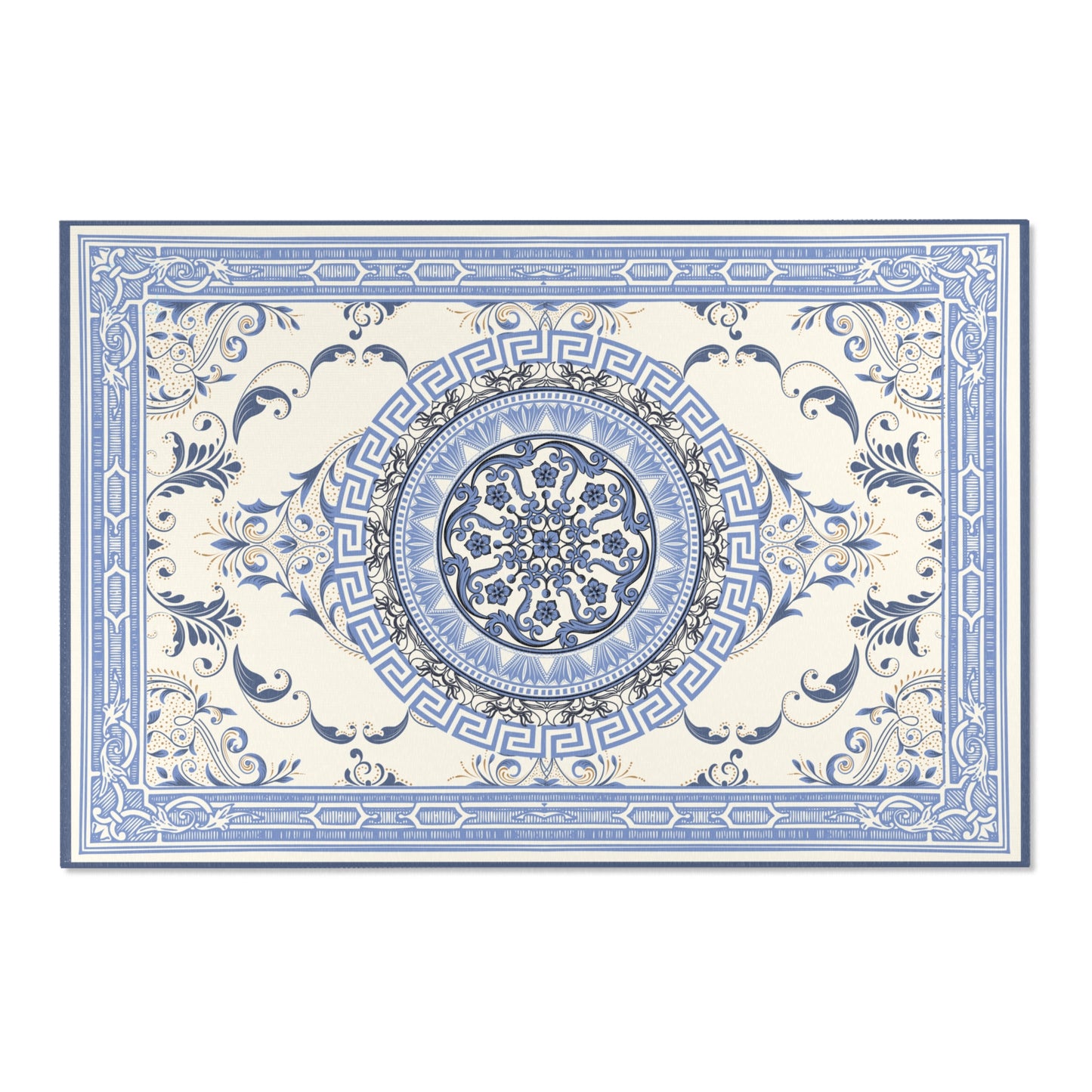 Blue Ornate Baroque Greek Key Area Rugs