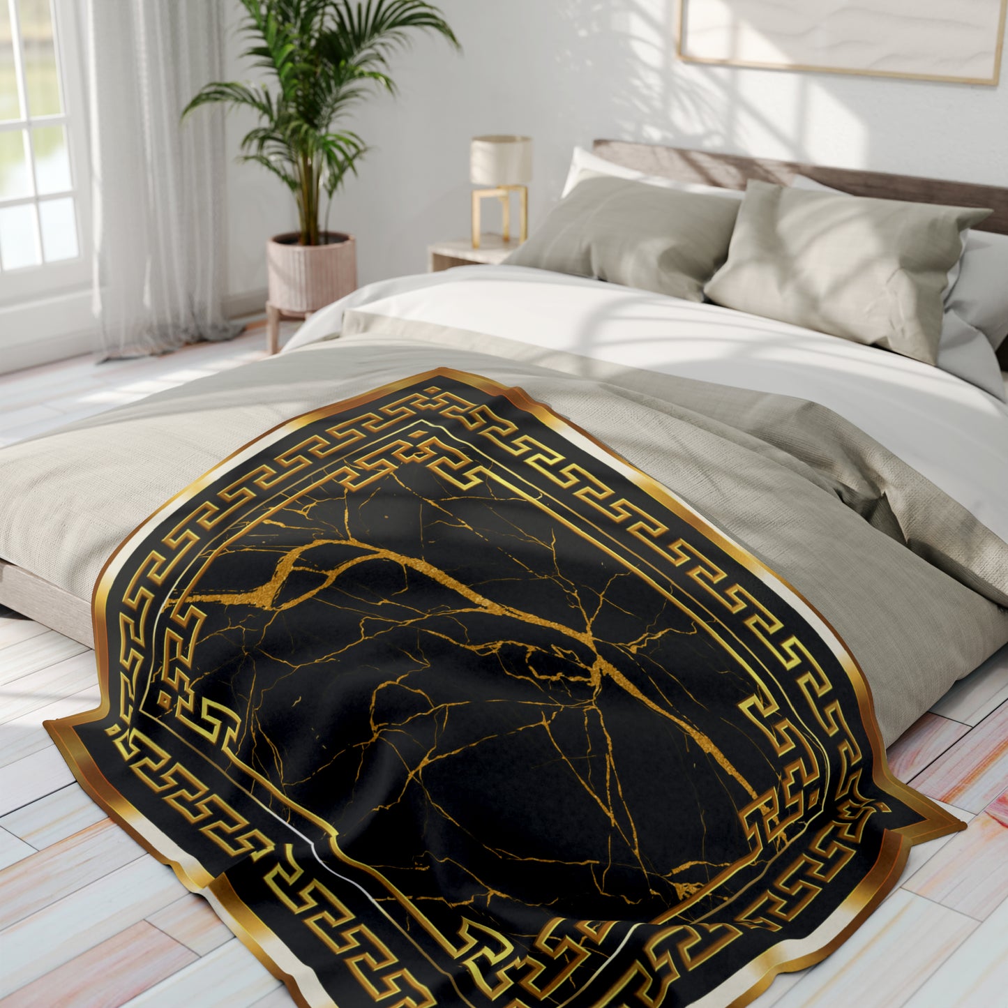 Greek Key Gold Black Marbleized Arctic Fleece Blanket