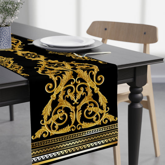 Black Gold Greek Key Ornate Baroque Table Runner