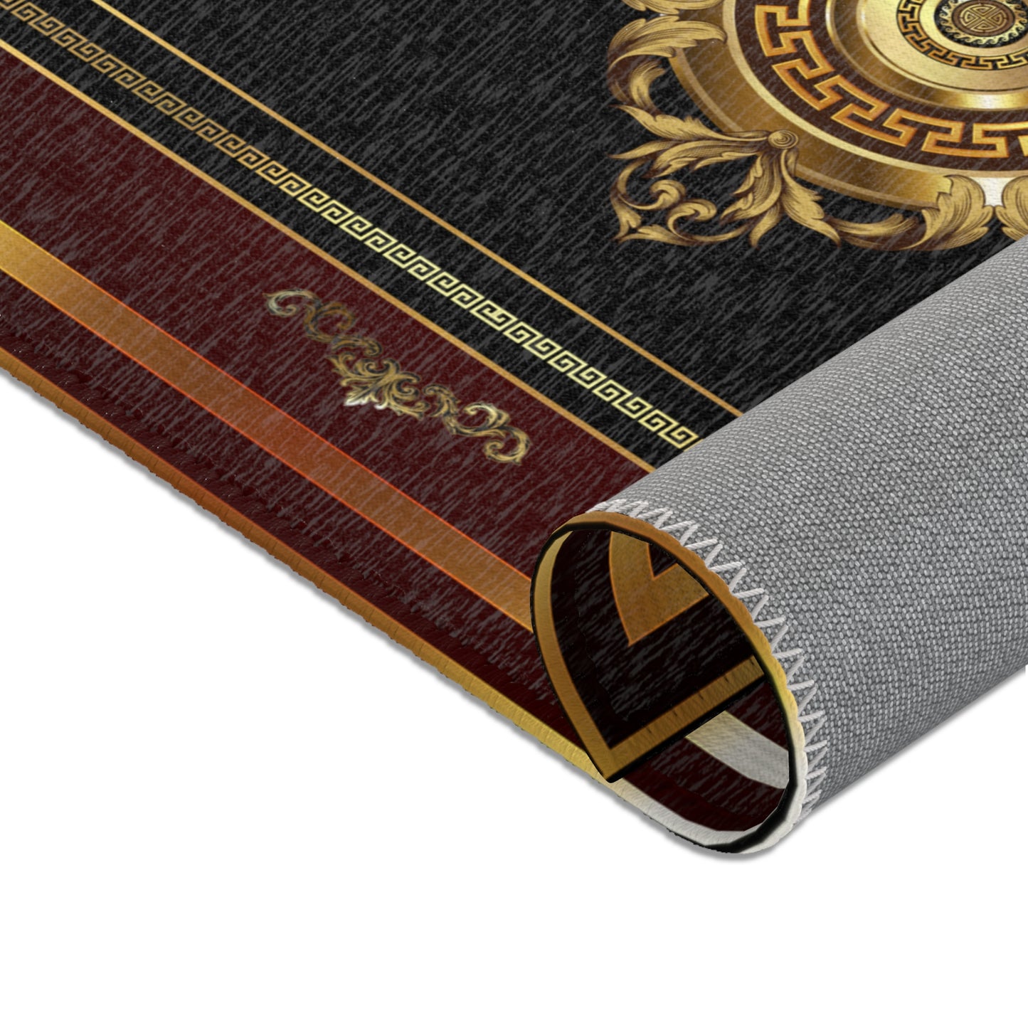 Baroque Gold Black Maroon Greek Key Ornate Area Rugs