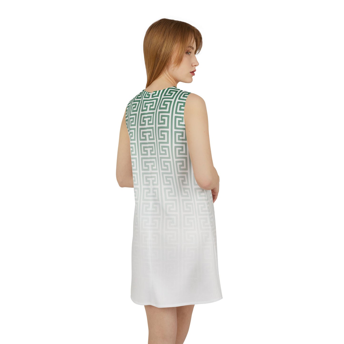Green White Greek Key Black A-line Sleeveless Dress