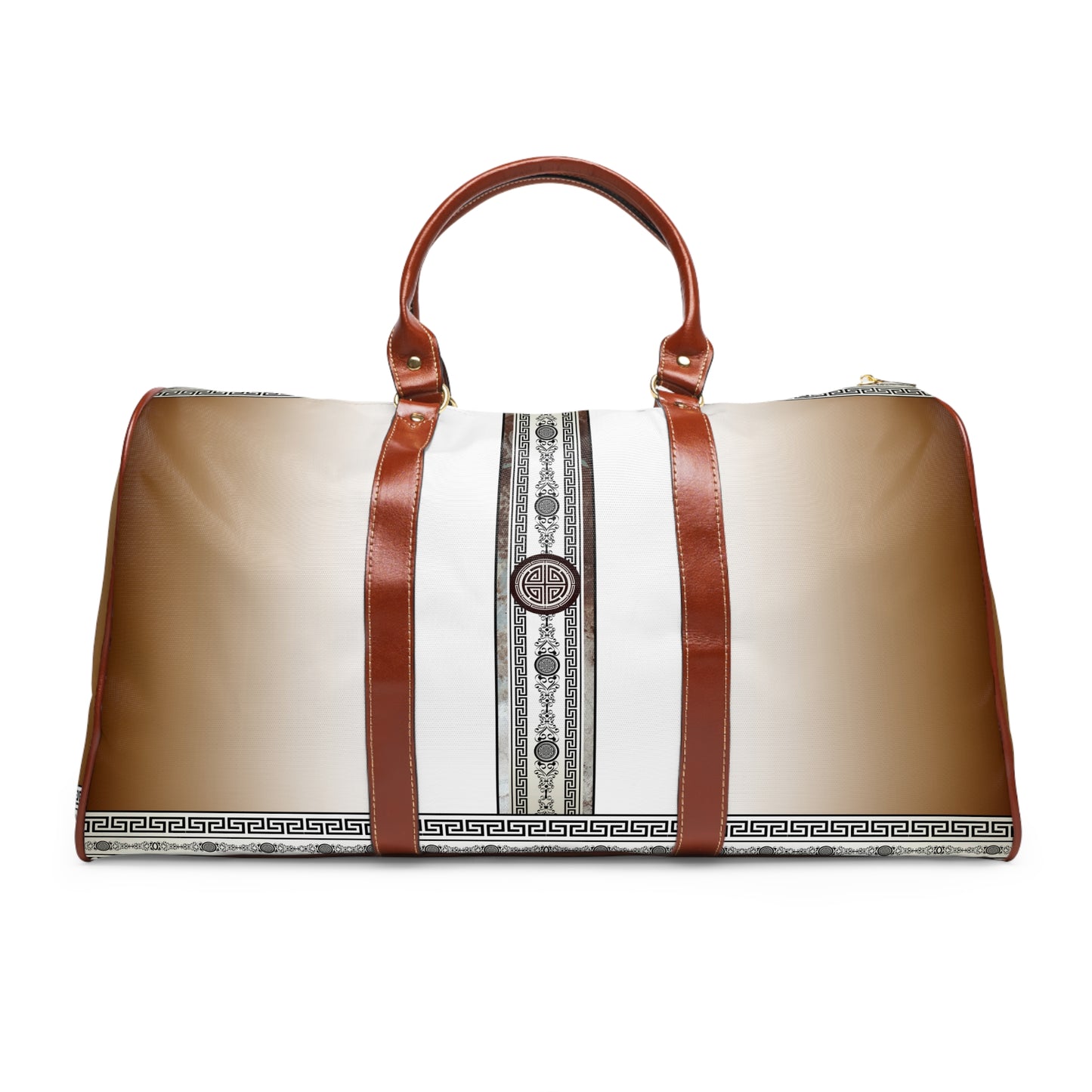 Greek Key Brown Khaki White Waterproof Travel Bag