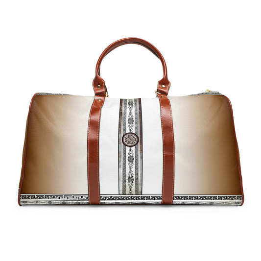 Greek Key Brown Khaki White Waterproof Travel Bag