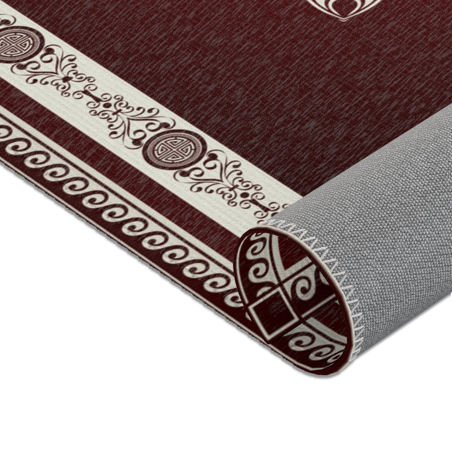 Ornate Greek Keys Maroon Khaki Area Rugs