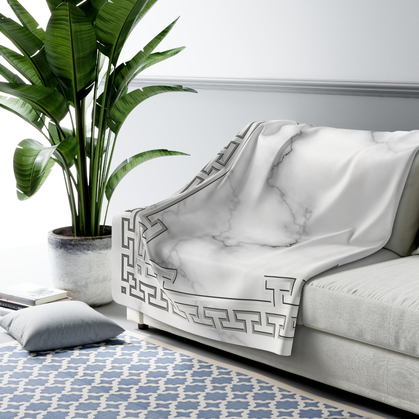 Silver Greek Key White Marble Sherpa Fleece Blanket