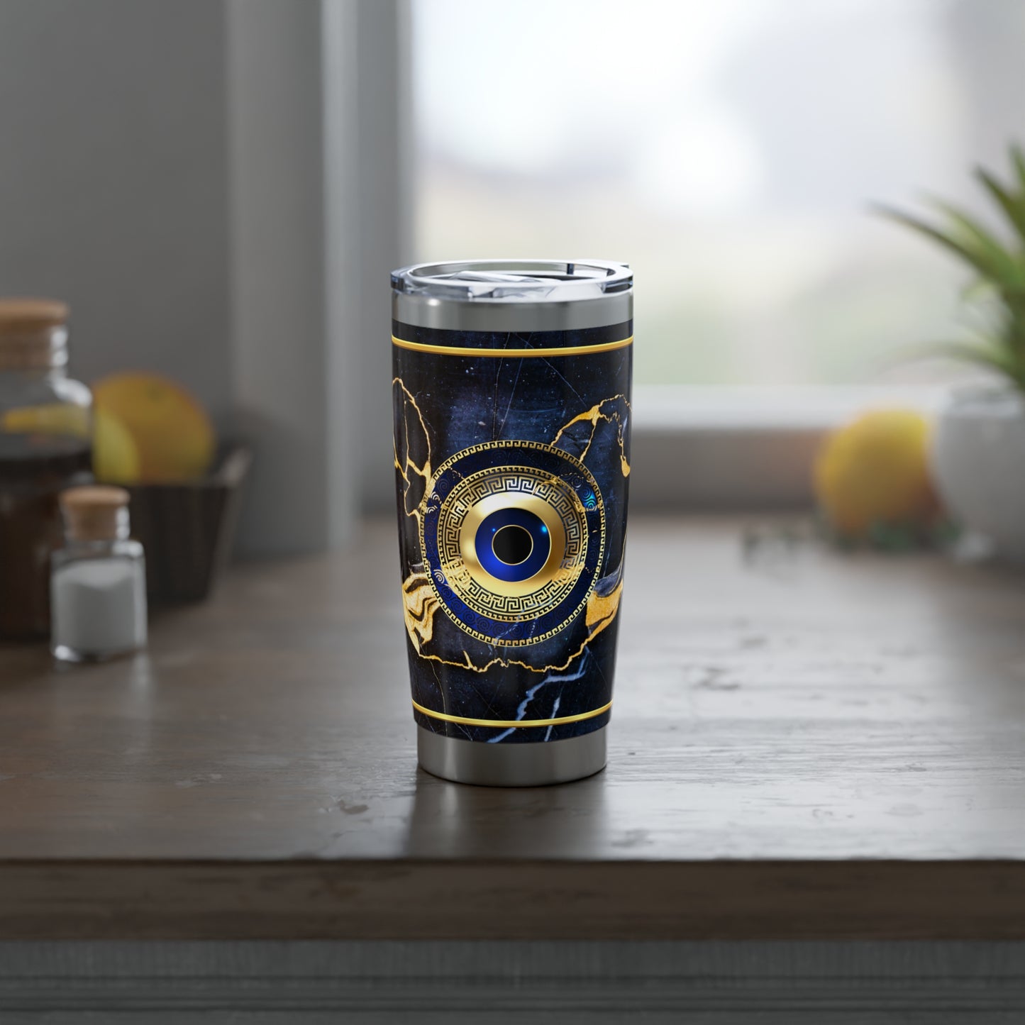 Evil Eye Greek Key Blue Gold Stainless Tumbler 20oz