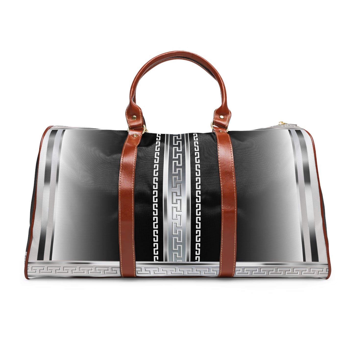 Black and Silver Greek Keys Waterproof Travel Bag