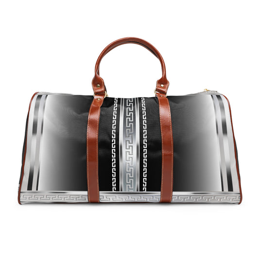 Black and Silver Greek Keys Waterproof Travel Bag