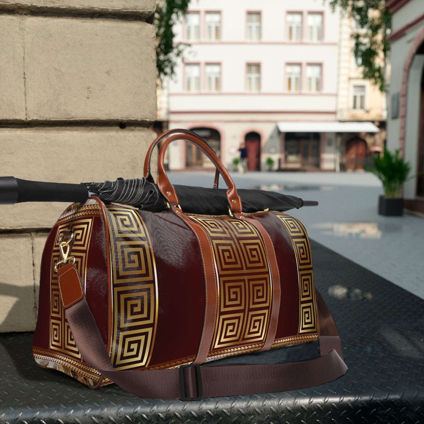 Maroon Gold Black Large Greek Key Waterproof Travel Bag