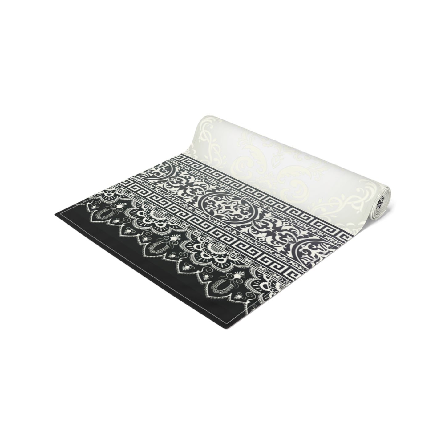 Greek Key Ornate Baroque Cream Black White Table Runner (Cotton, Poly)