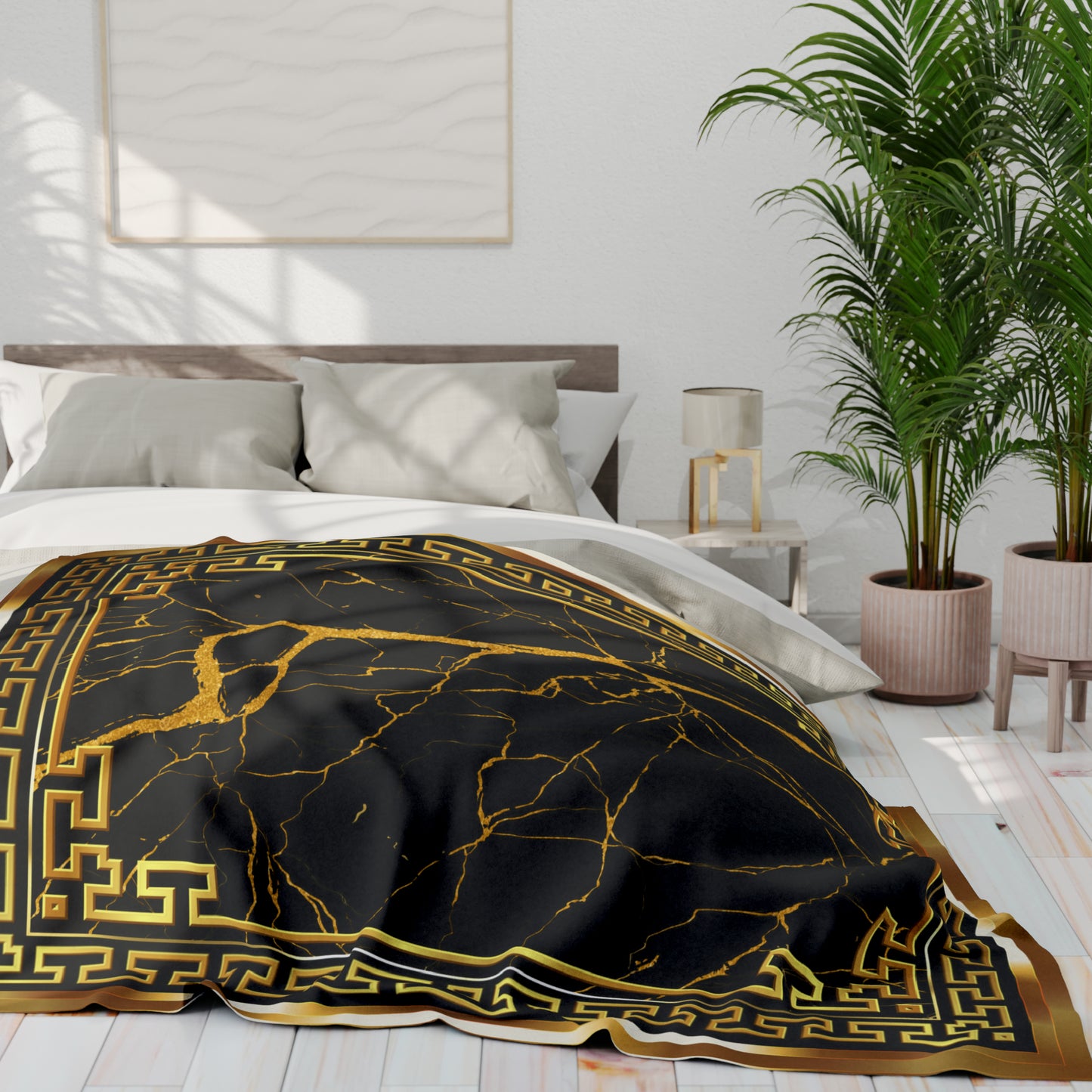 Greek Key Gold Black Marbleized Arctic Fleece Blanket