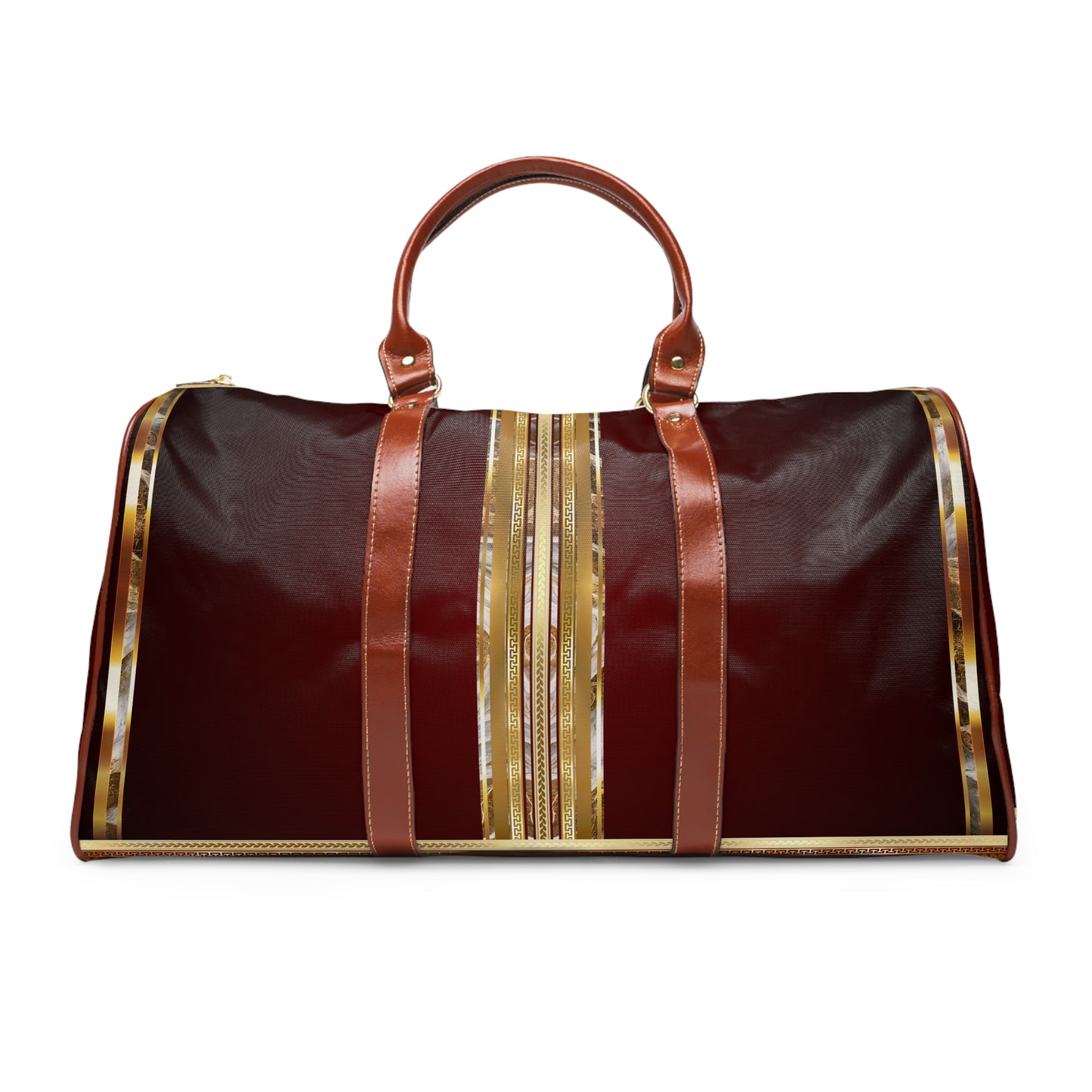 Greek Key Maroon Gold Stone Pattern Waterproof Travel Bag