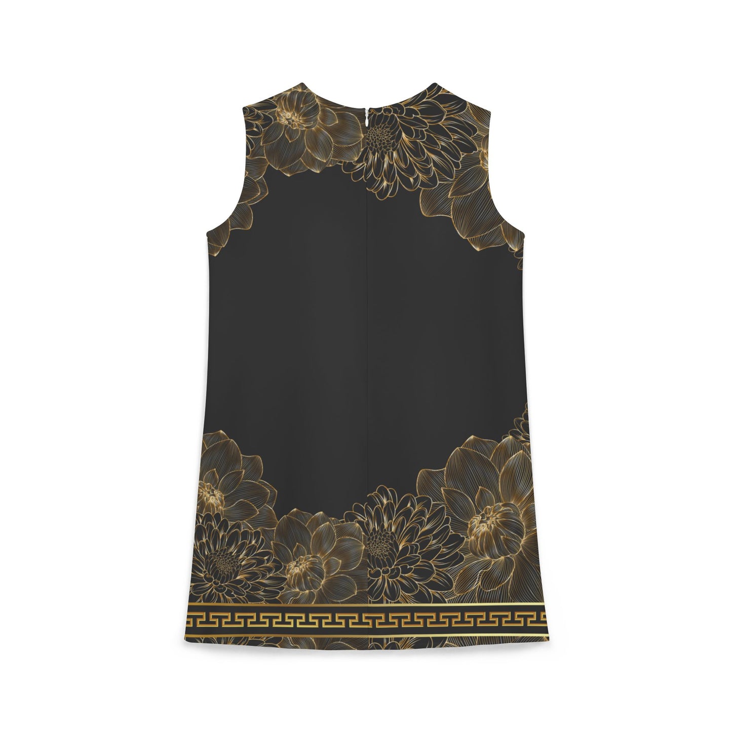 Gold Floral Black Greek Key A-line Sleeveless Dress