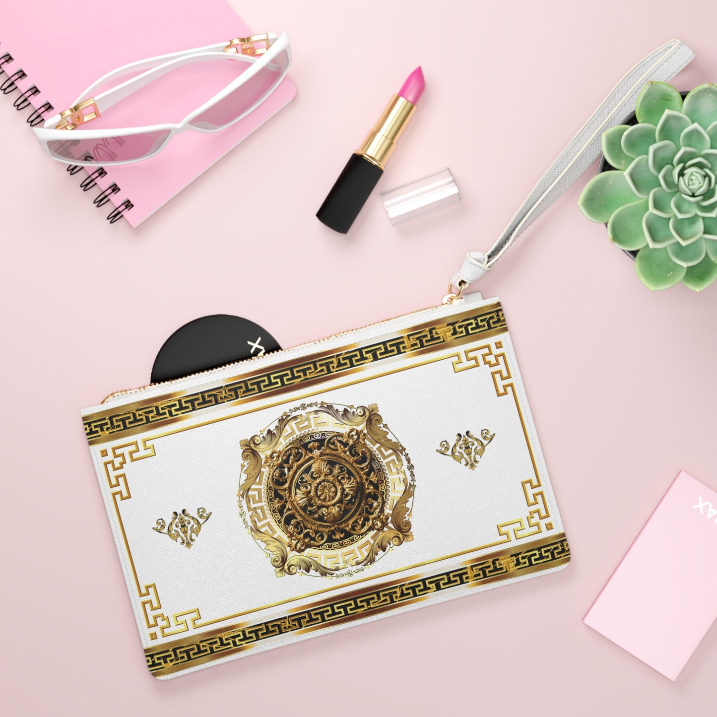 White Black & Gold Marble Greek Key Vegan Leather Clutch Bag