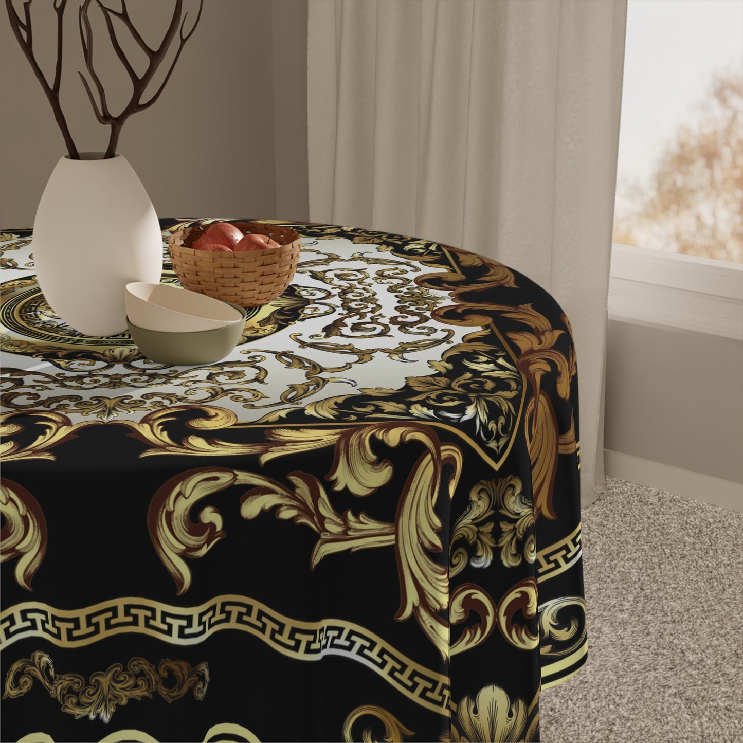 Greek Key Black Gold Cream Ornate Baroque Tablecloth