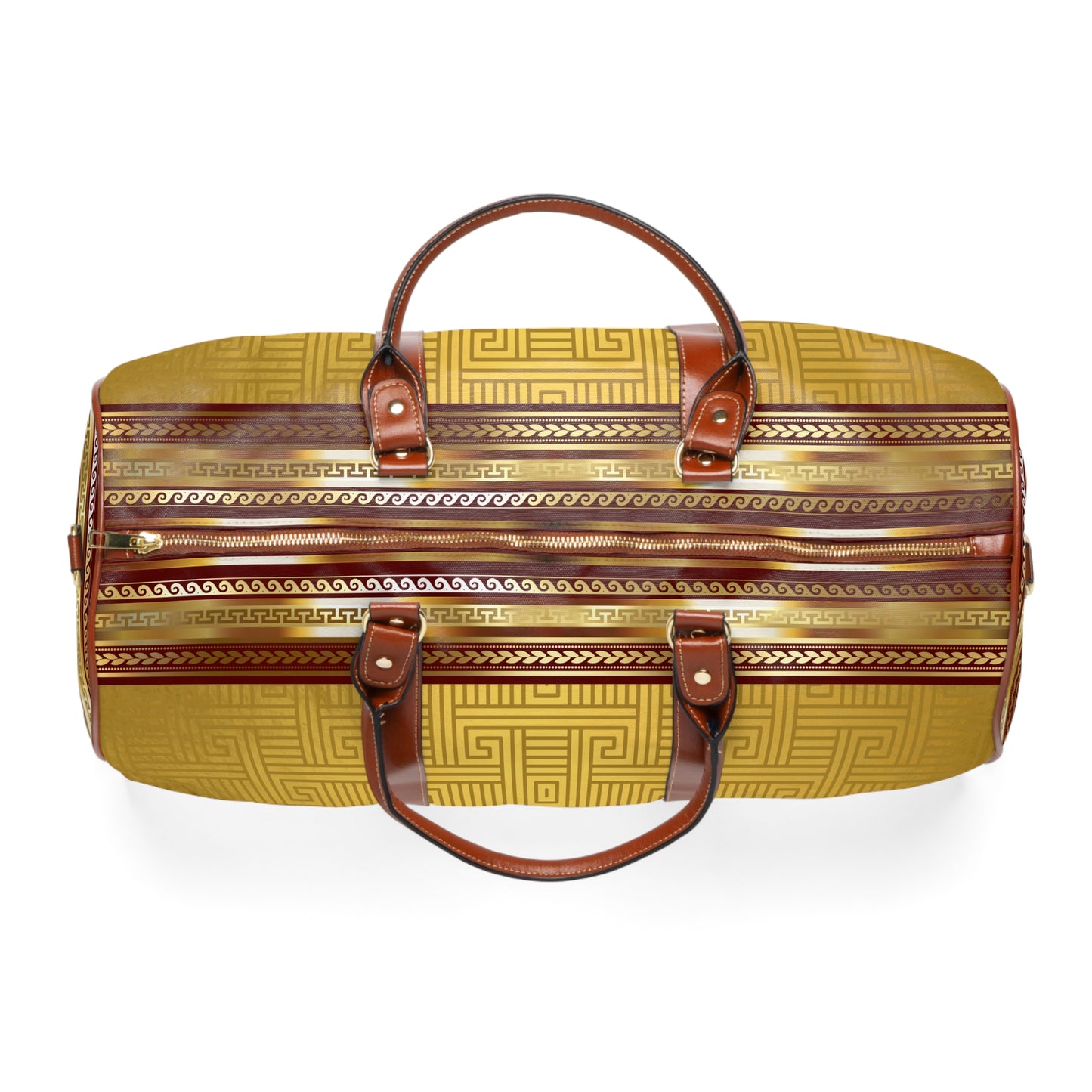 Gold Greek Key Maroon Trim Waterproof Travel Bag