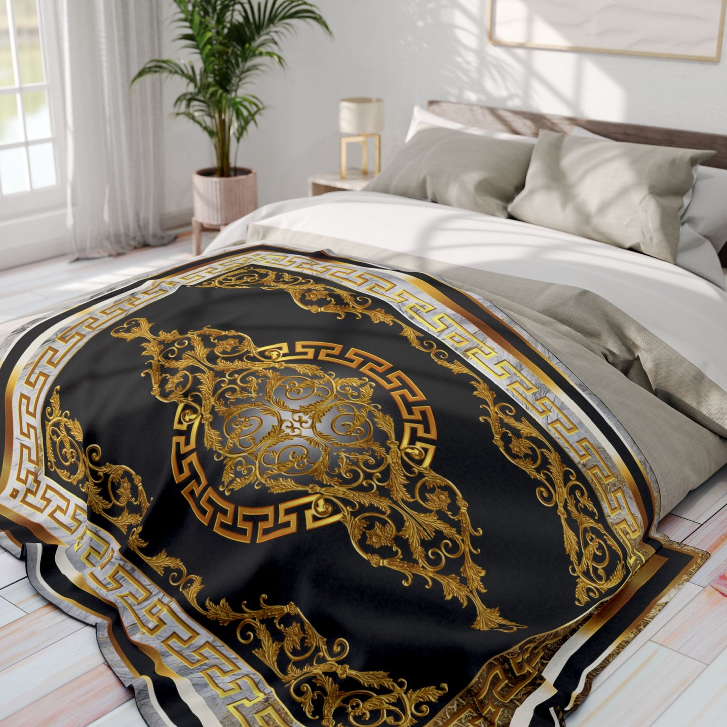 Greek Key Gold Black White Stone Baroque Arctic Fleece Blanket