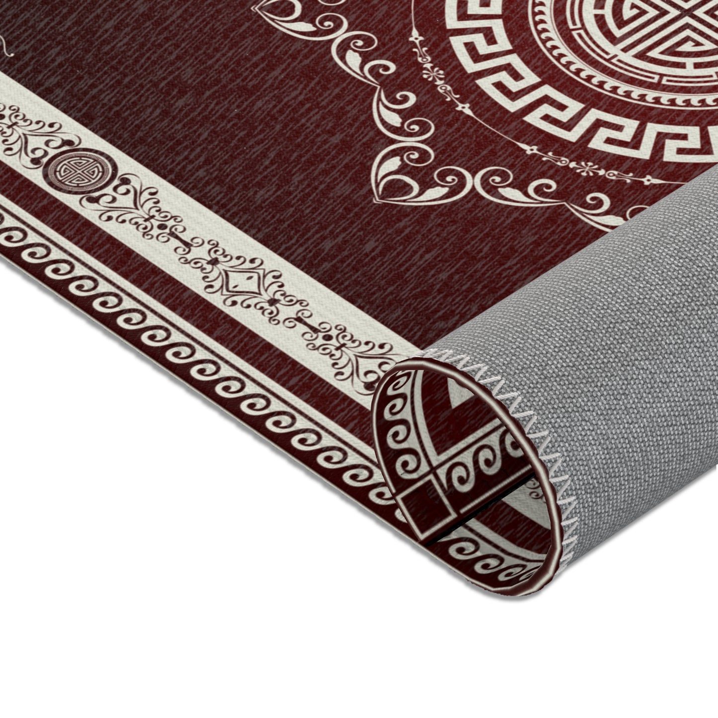 Ornate Greek Keys Maroon Khaki Area Rugs